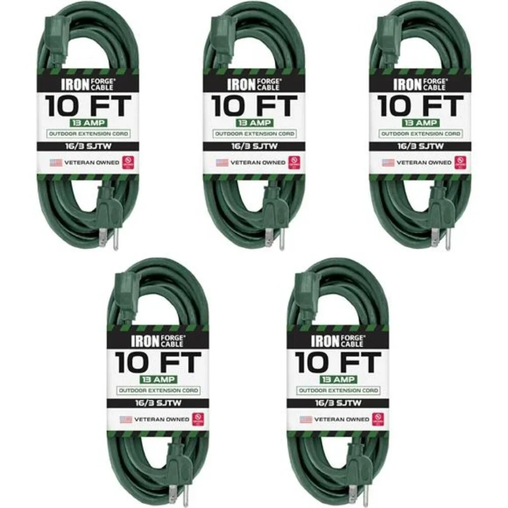 5 Pack Outdoor Extension Cord 10 ft, 16/3 SJTW Weatherproof Green Extension Cord